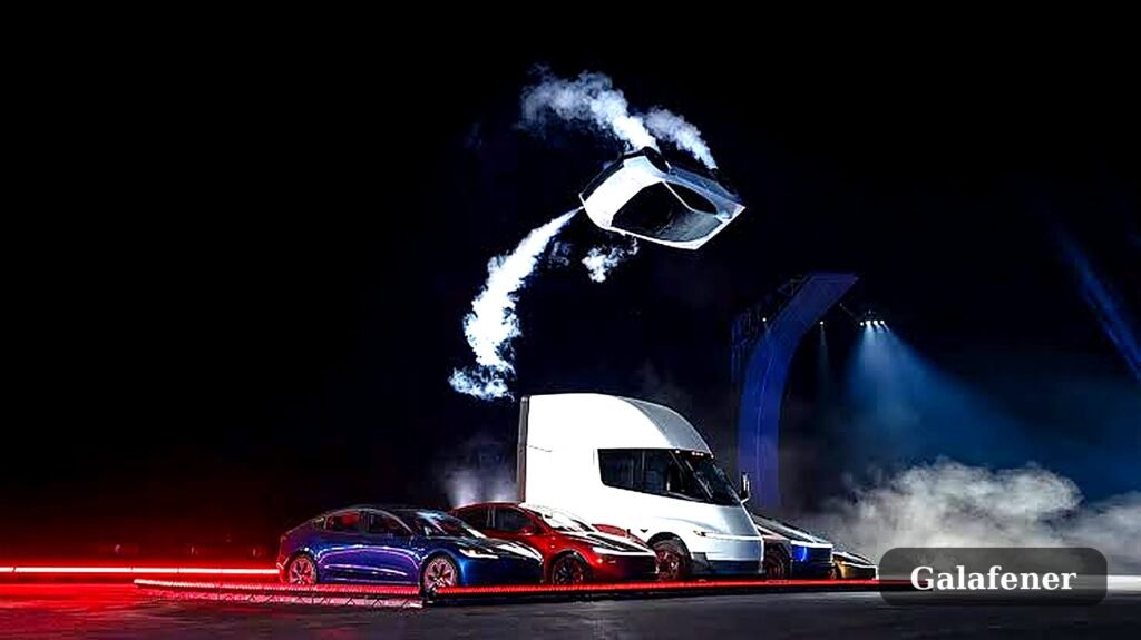 Tesla Roadster fliegt über Cybercab, Cybertruck, Semi, Model Y und Model 3