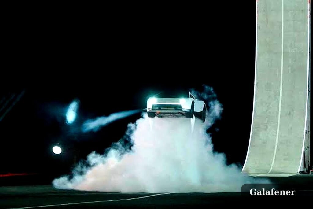 Tesla Roadster mit SpaceX-Paket beim Salto über der Rampe