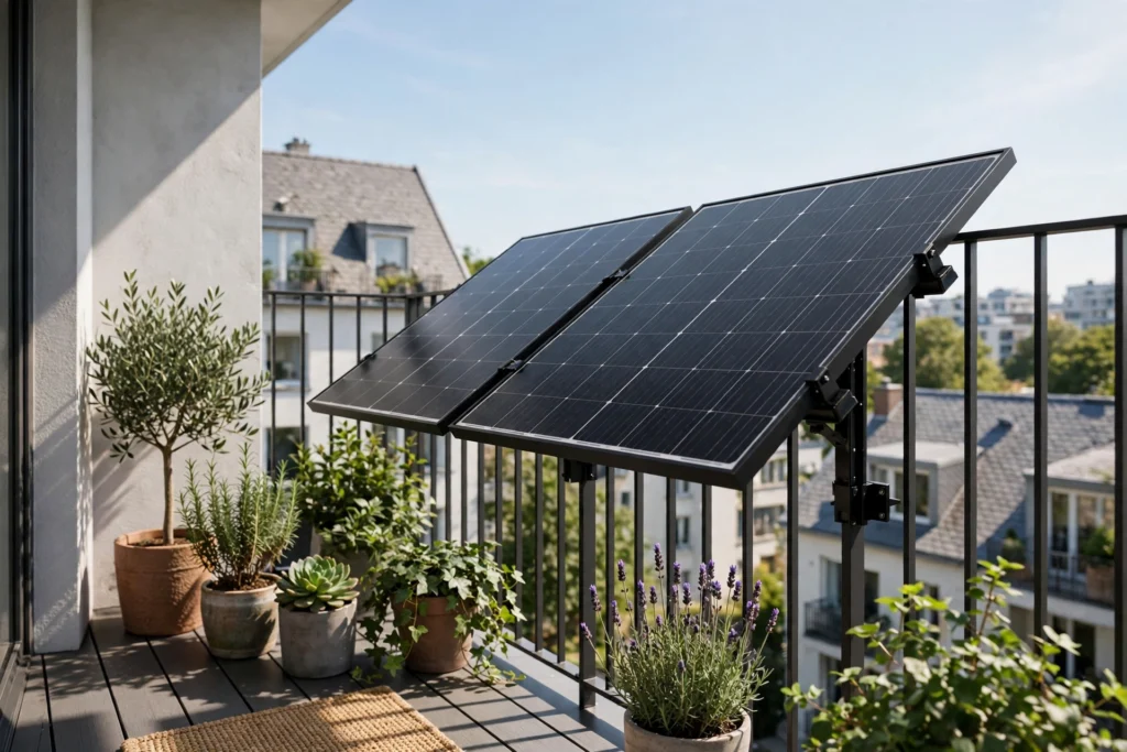 Balkonkraftwerk mit 800 Watt auf einem sonnigen Balkon – Solarmodule an der Brüstung