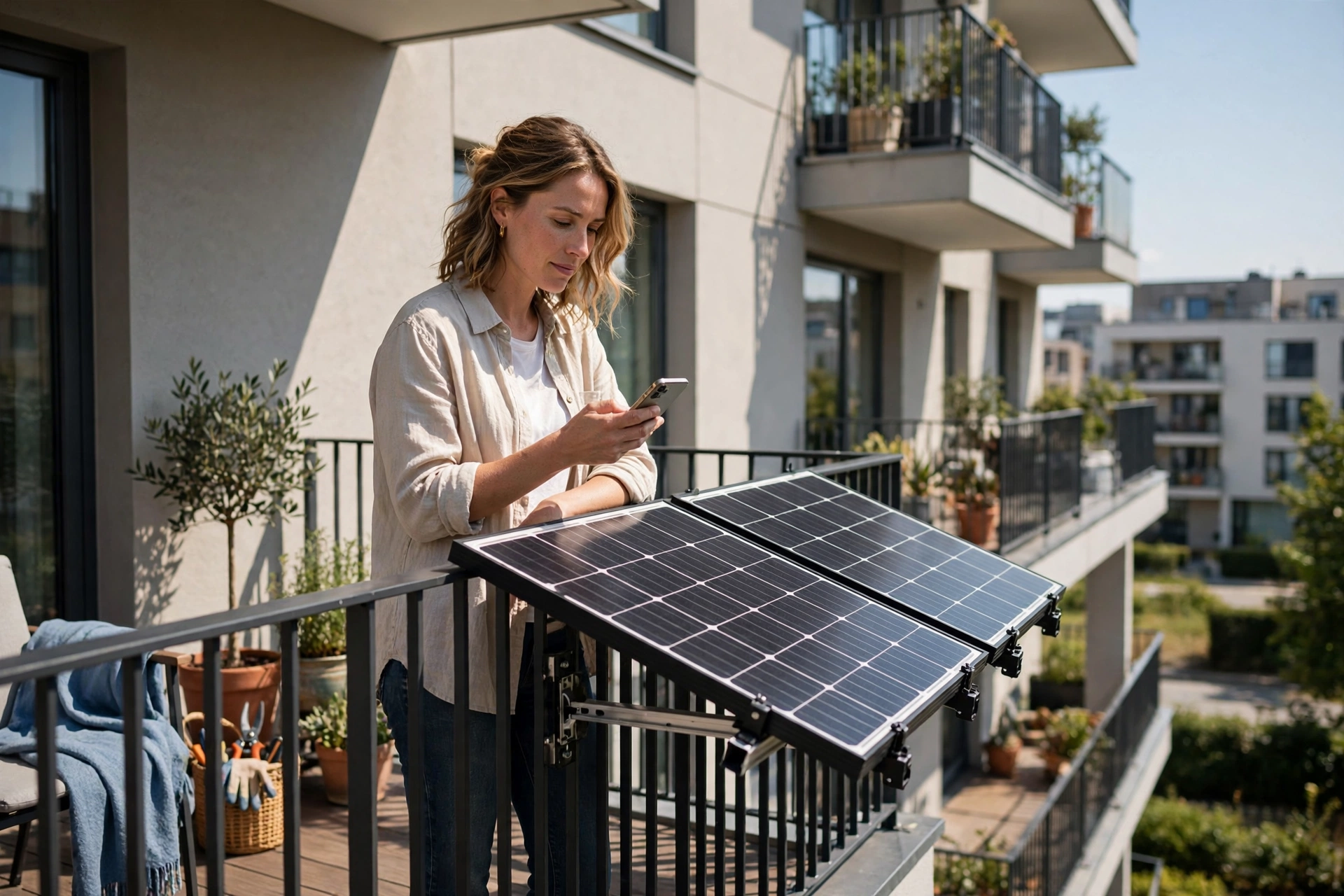 Mieterin mit Balkonkraftwerk auf dem Balkon – Solarmodule und Smartphone-App